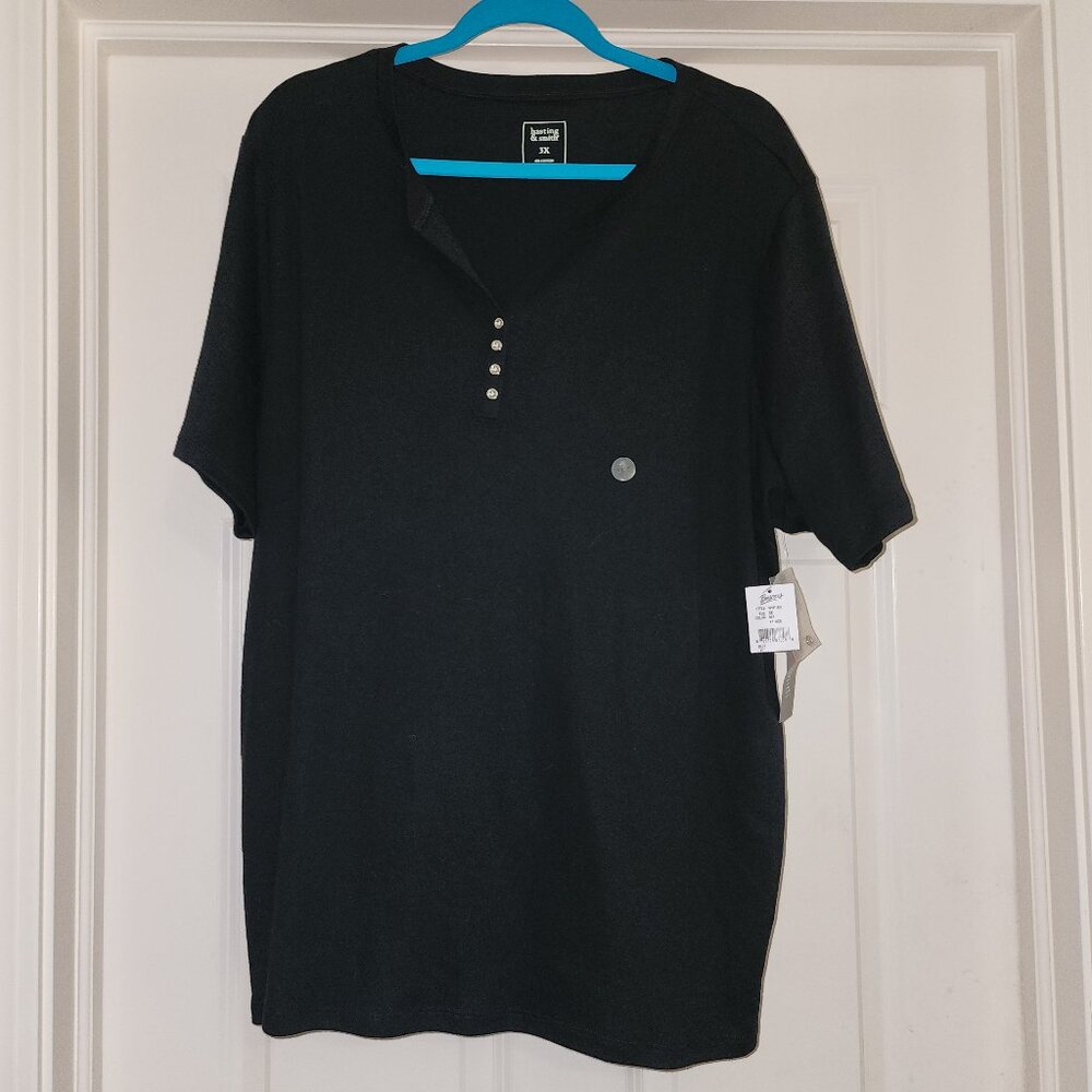 Black short sleeve T with buttons.  New never worn.